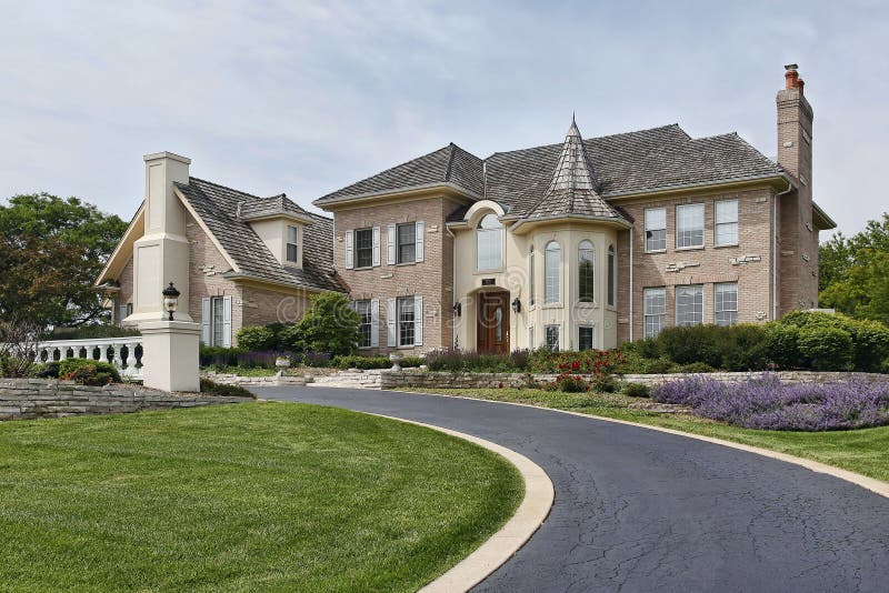 Luxury home with turret stock photo Image of large lawn 