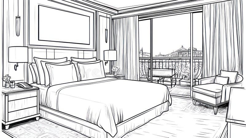 Hand-drawn sketch of a luxury hotel bedroom with balcony view vector illustration