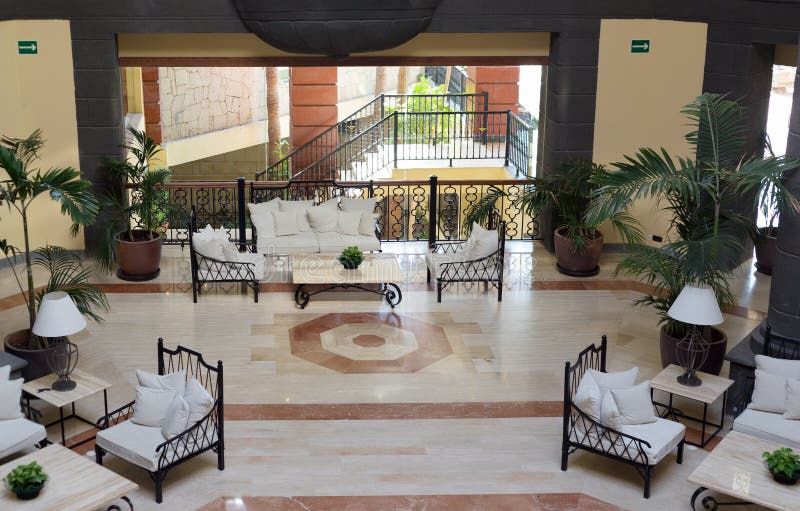 Luxury hotel lobby with columns.