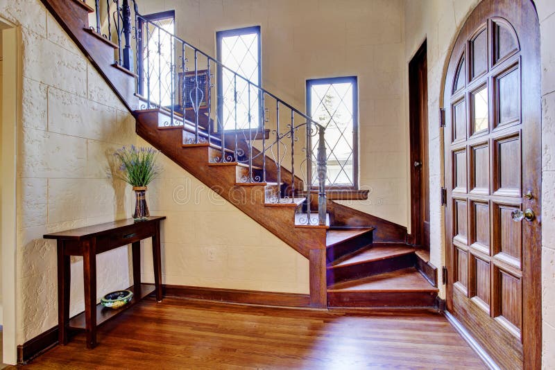 Luxury House Interior. Entrance Hallway With Staircase 