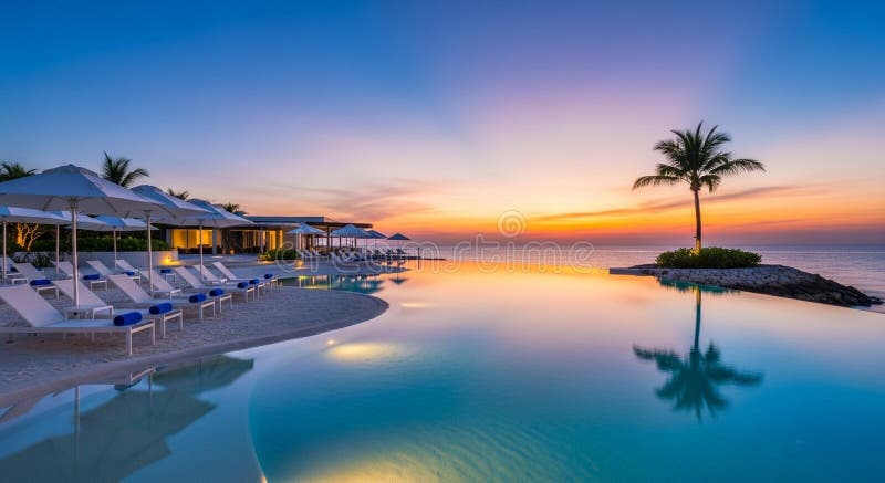 Luxury Infinity Pool and Lounge Area at Sunset with Palm Trees and ...
