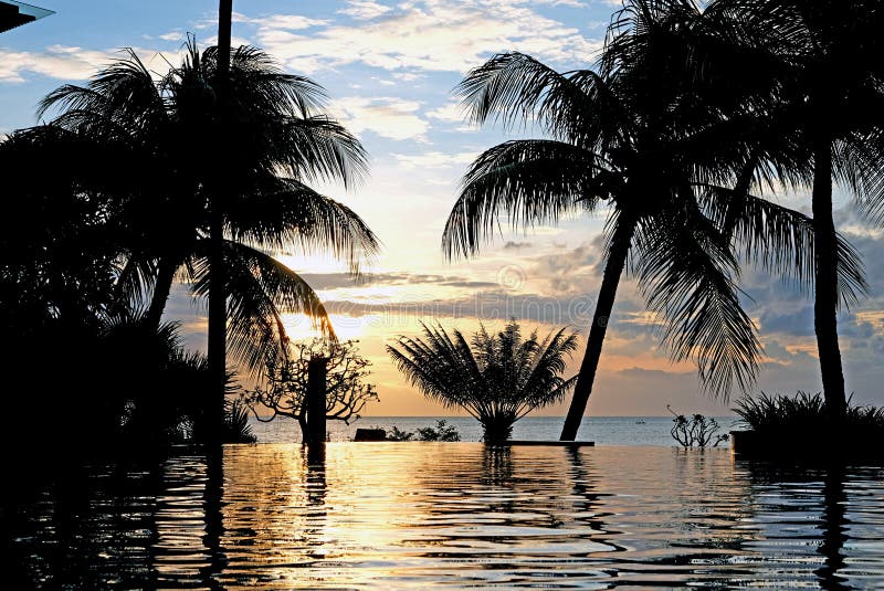 Luxury infinity swimming pool in sunset light with umbrellas, palms and endless ocean view. Bali, Indonesia