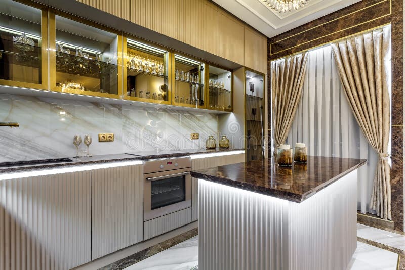 Luxury Kitchen Design, Italian Marble and Granite Countertop Stock