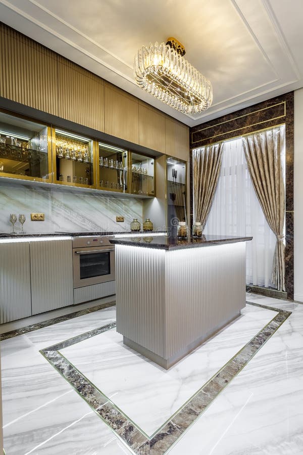 Luxury Kitchen Design, Italian Marble and Granite Countertop Stock