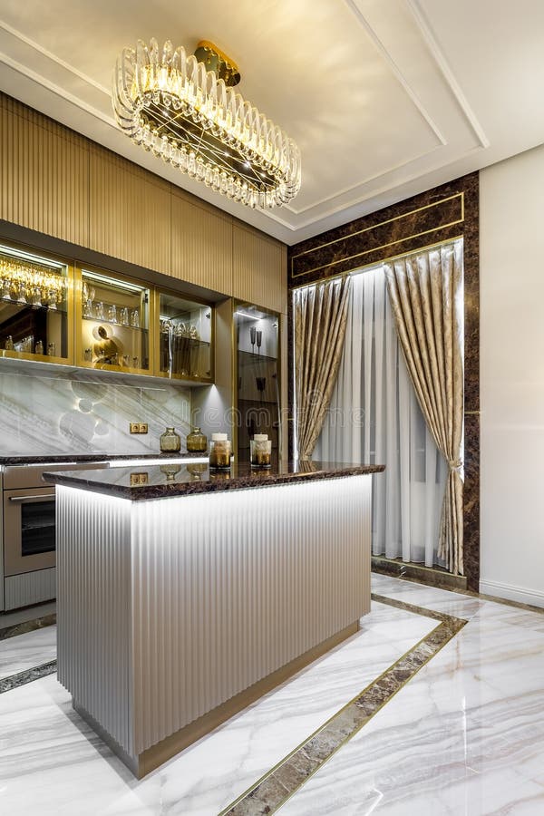 Luxury Kitchen Design, Italian Marble and Granite Countertop Stock