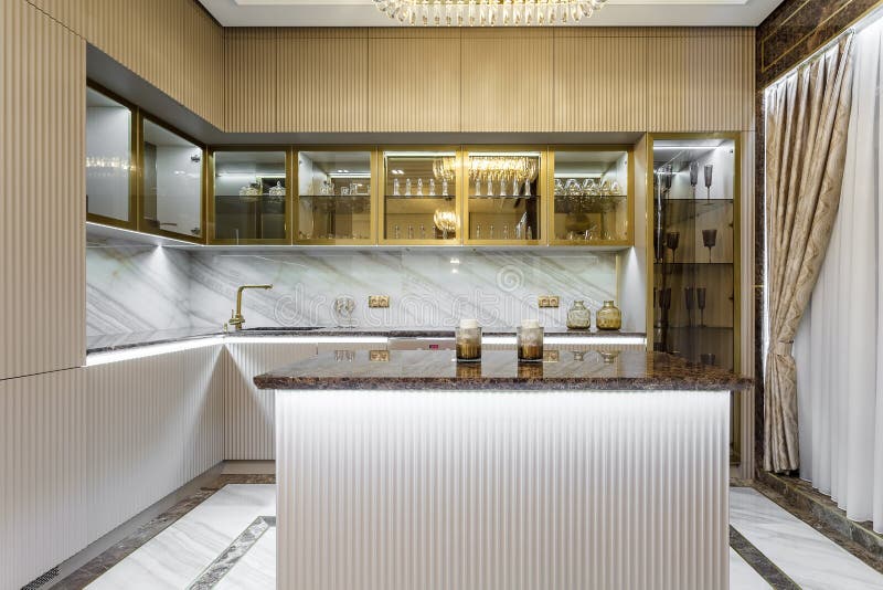 Luxury Kitchen Design, Italian Marble and Granite Countertop Stock