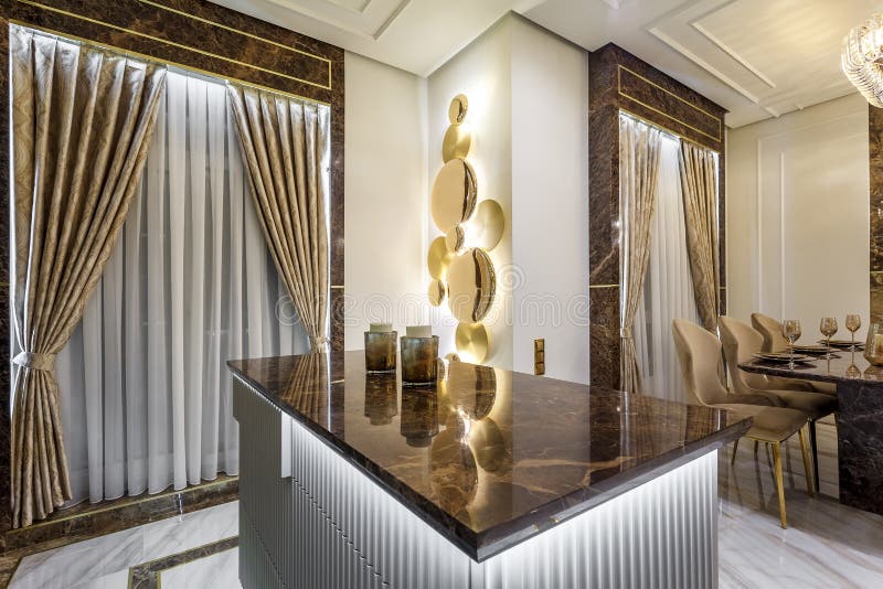 Luxury Kitchen Design, Italian Marble and Granite Countertop Stock