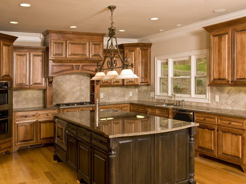 Luxury Kitchen with Granite Island and Window Stock Image Image of