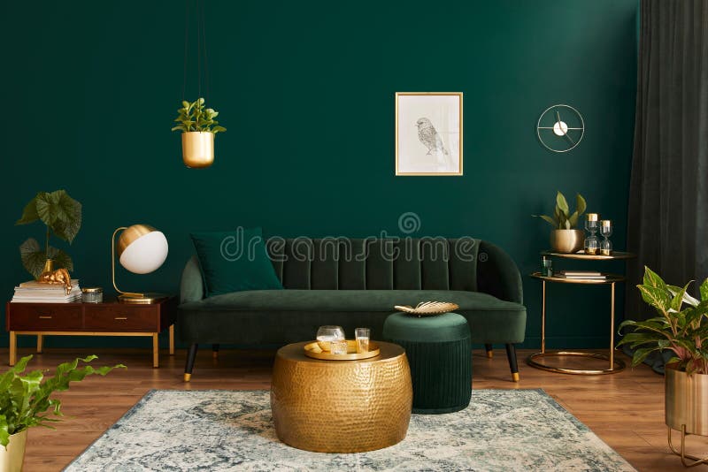 Luxury Living Room In House With Modern Interior Design, Green Velvet Sofa,  Coffee Table, Pouf, Gold Decoration, Plant, Lamp. Stock Photo - Image Of  Pillow, Modern: 209595814