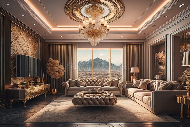 Luxury Living Room Interior Design. Generative Ai Stock Illustration