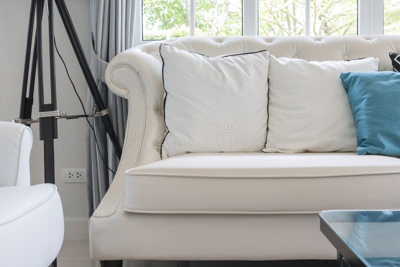 Luxury Living Room with White Pillows on Classic Style Sofa Stock Photo