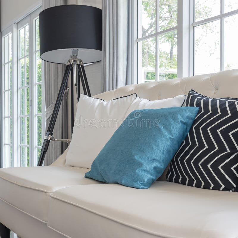 Luxury Living Room with White Pillows on Classic Style Sofa Stock Photo