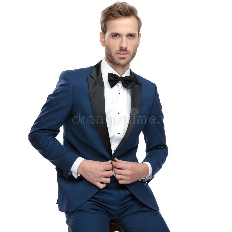 Luxury Man in Blue Tuxedo Adjusting His Lounge Jacket Collar Stock ...
