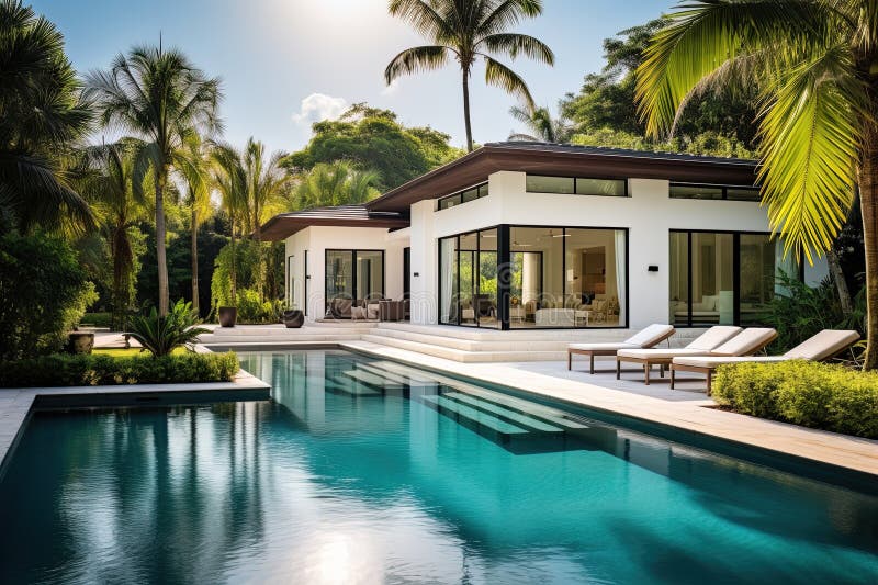 Luxury mansion house with garden and pool. Generative AI. royalty free illustration