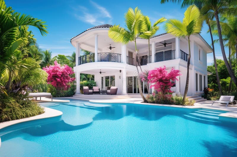 Luxury mansion house with garden and pool. Generative AI. stock illustration