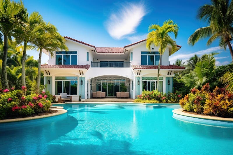 Luxury mansion house with garden and pool. Generative AI. vector illustration