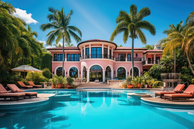 Luxury mansion house with garden and pool. Generative AI stock illustration