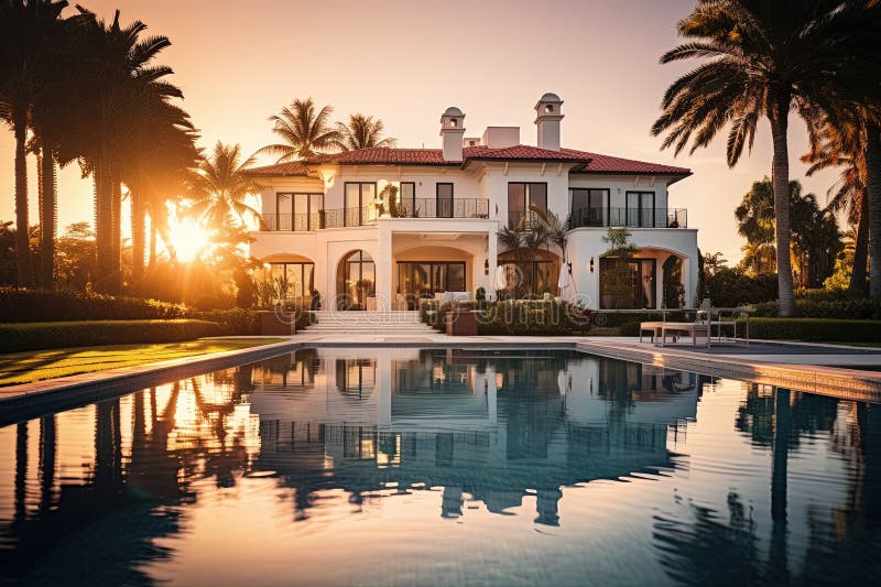 Luxury mansion house with garden and pool. Generative AI vector illustration