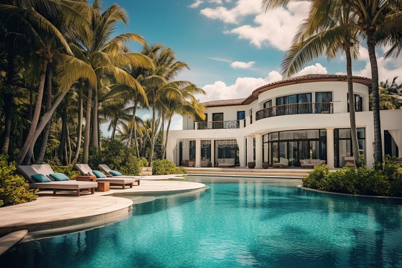Luxury mansion house with garden and pool. Generative AI royalty free illustration