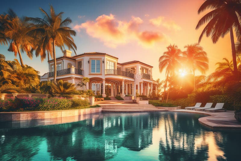 Luxury mansion house with garden and pool. Generative AI stock illustration