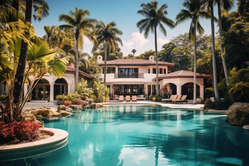 Luxury mansion house with garden and pool. Generative AI royalty free illustration