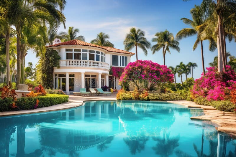 Luxury mansion house with garden and pool. Generative AI vector illustration