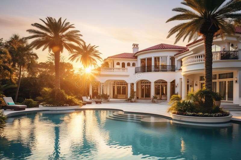 Luxury mansion house with garden and pool. Generative AI royalty free illustration