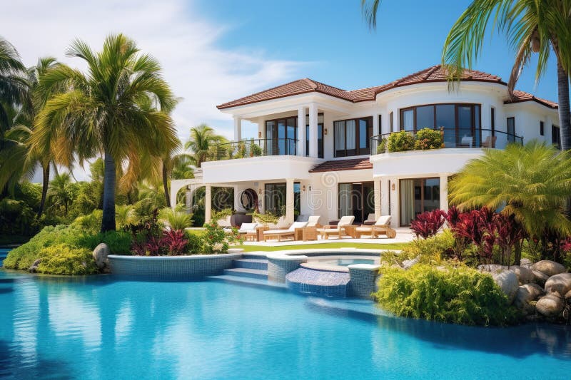 Luxury mansion house with garden and pool. Generative AI royalty free illustration