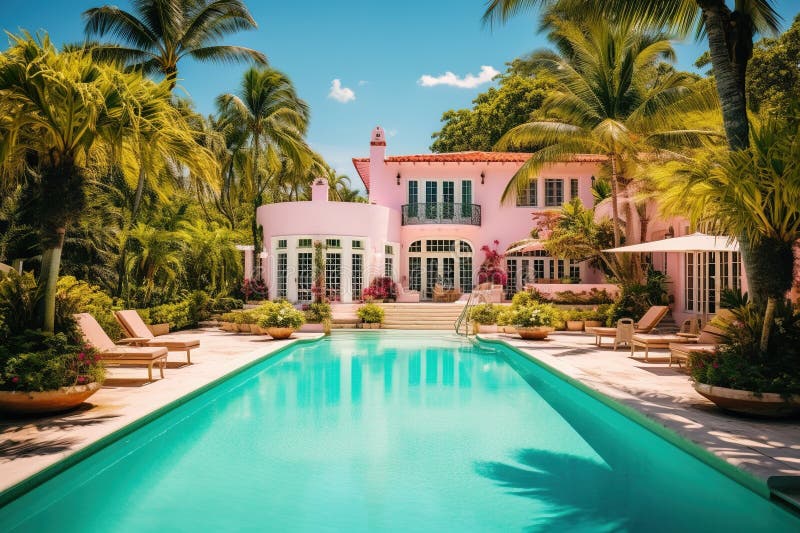 Luxury mansion house with garden and pool. Generative AI royalty free illustration
