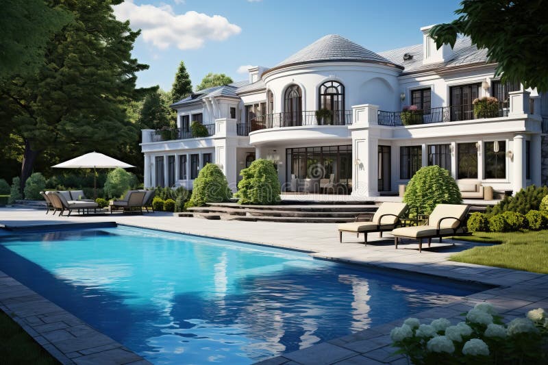 Luxury mansion house with garden and pool. Generative AI vector illustration