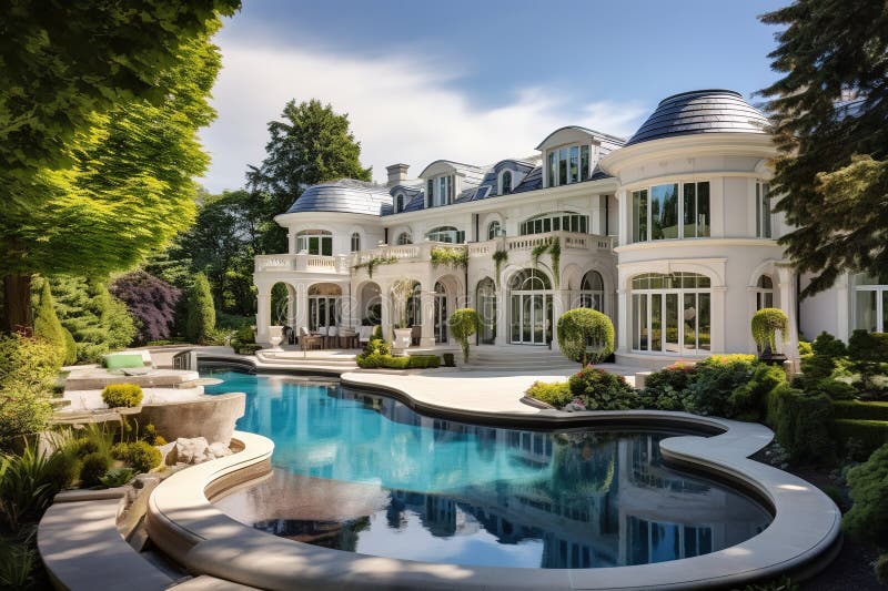 Luxury mansion house with garden and pool. Generative AI vector illustration