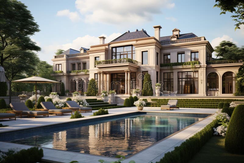 Luxury mansion house with garden and pool. Generative AI royalty free illustration