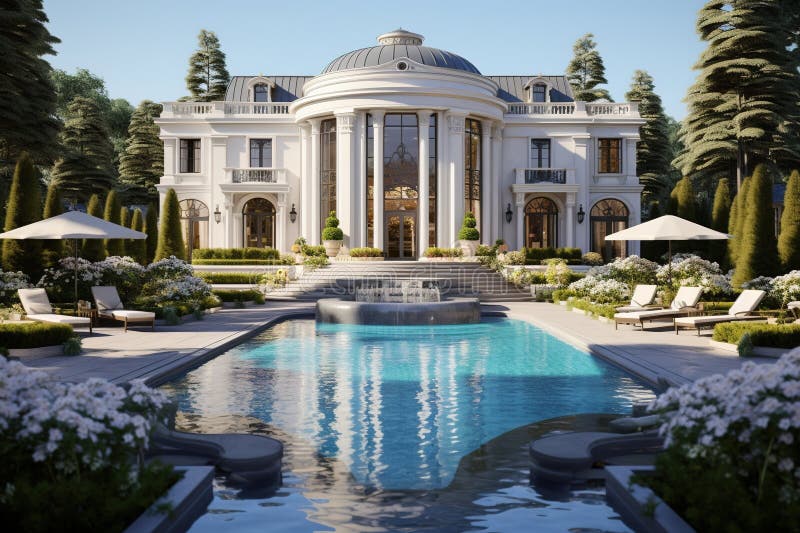 Luxury mansion house with garden and pool. Generative AI vector illustration
