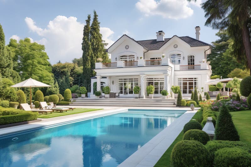 Luxury mansion house with garden and pool. Generative AI royalty free illustration