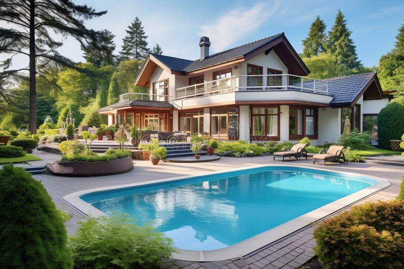 Luxury mansion house with garden and pool. Generative AI royalty free illustration
