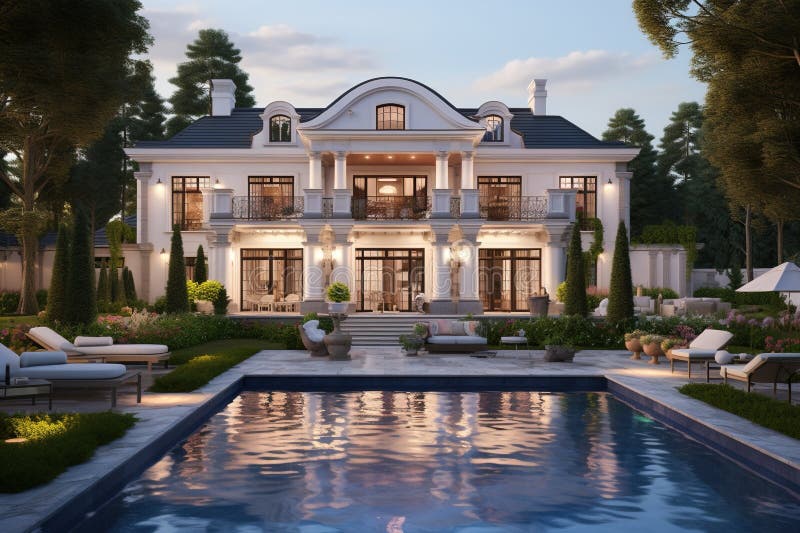 Luxury mansion house with garden and pool. Generative AI vector illustration