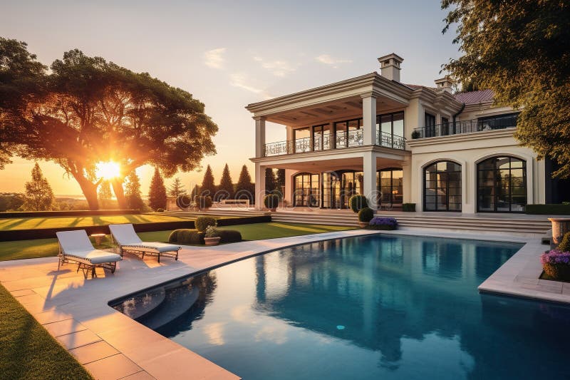 Luxury mansion house with garden and pool. Generative AI stock illustration