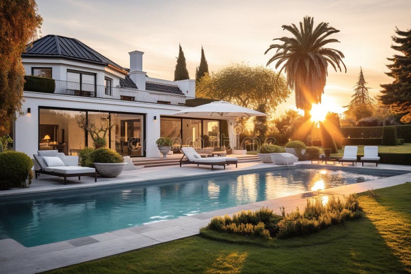 Luxury mansion house with garden and pool. Generative AI royalty free illustration