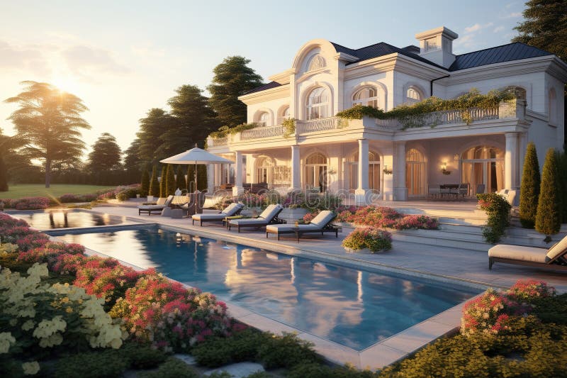 Luxury mansion house with garden and pool. Generative AI vector illustration