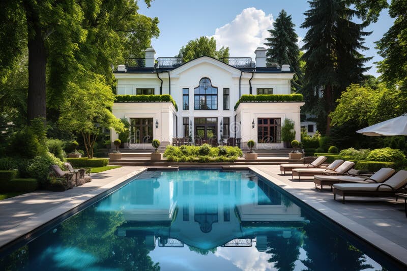 Luxury mansion house with garden and pool. Generative AI vector illustration