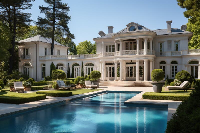 Luxury mansion house with garden and pool. Generative AI vector illustration
