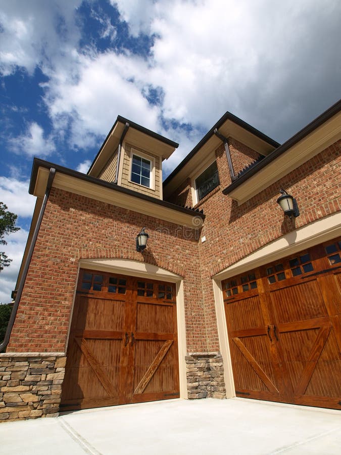 Luxury Model Home Exterior Angled Double Garage Stock 