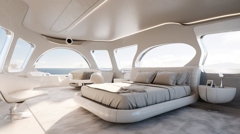 Luxury modern bedroom interior in city beach apartment or liner cabin, generative AI