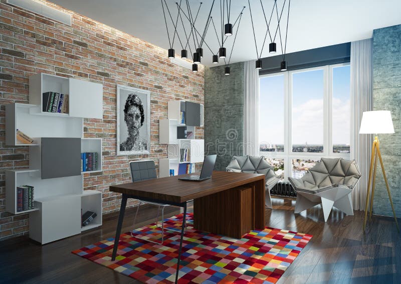 3d rendering di interni di lusso moderno casa ufficio con windows e il paesaggio della città.