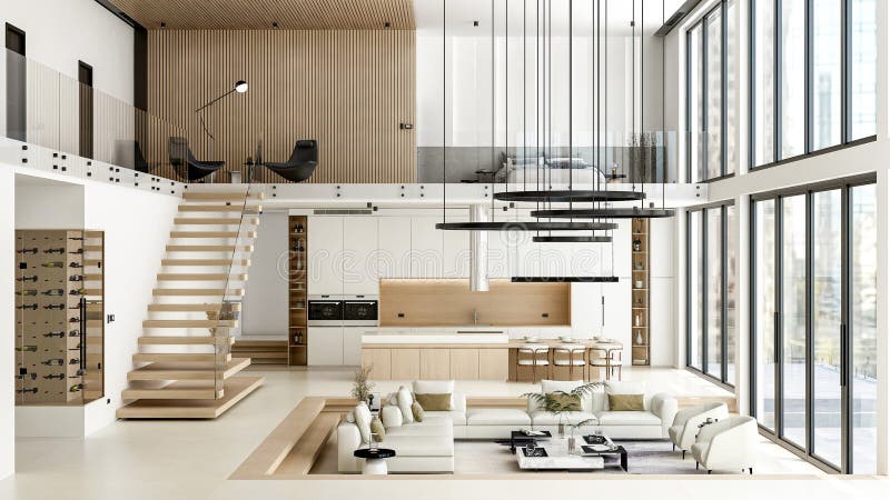 Luxury Modern Loft Interior with Open Space Living Room and Kitchen, 3D Rendering stock illustration