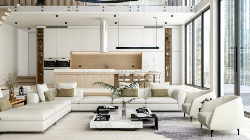 Luxury Modern Loft Interior with Open Space Living Room and Kitchen, 3D Rendering stock illustration