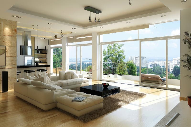 Luxury Modern Open Plan Living Room with Panoramic Windows and Sleek