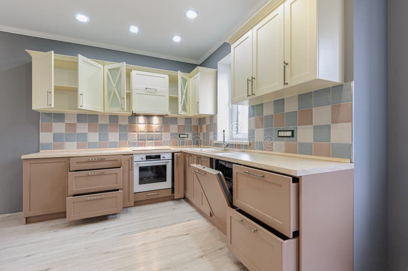 Luxury Modern Provence Styled Grey, Pink and Cream Kitchen Interior ...