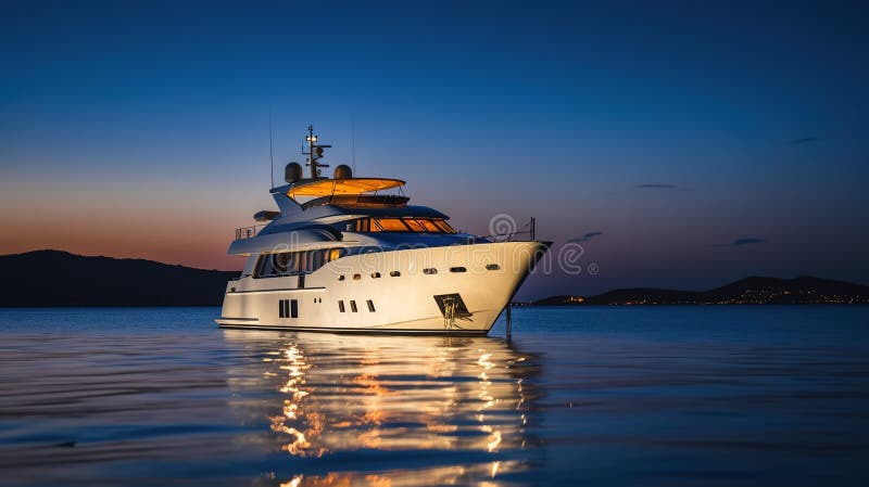 Luxury Motor Yacht in Sea at Night, Expensive Boat Near Coast ...