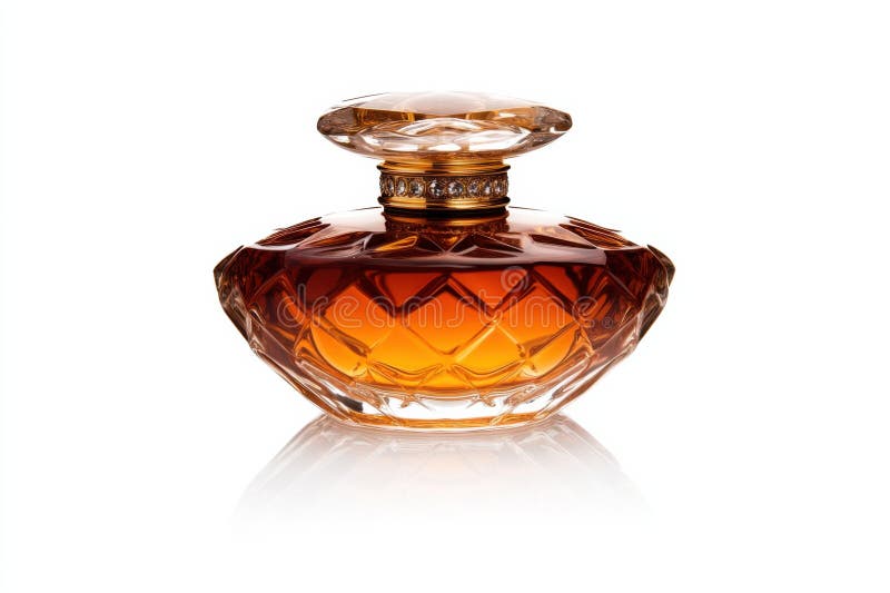 Luxury perfume bottle with intricate design and warm amber elixir on a pristine white background stock illustration